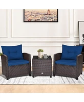 Gymax 3PCS Outdoor Patio Rattan Conversation Set Garden Yard w/ Navy Cushions
