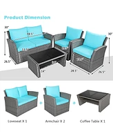 Gymax 4PCS Patio Rattan Conversation Set Outdoor Furniture Set w/ Turquoise Cushions