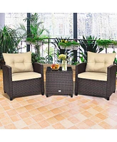 Gymax 3PCS Patio Outdoor Rattan Conversation Set w/ Cushion Coffee Table