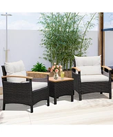 Gymax 3 Piece Patio Bistro Set Pe Rattan Conversation Furniture Set w/ Acacia Wood Tabletop