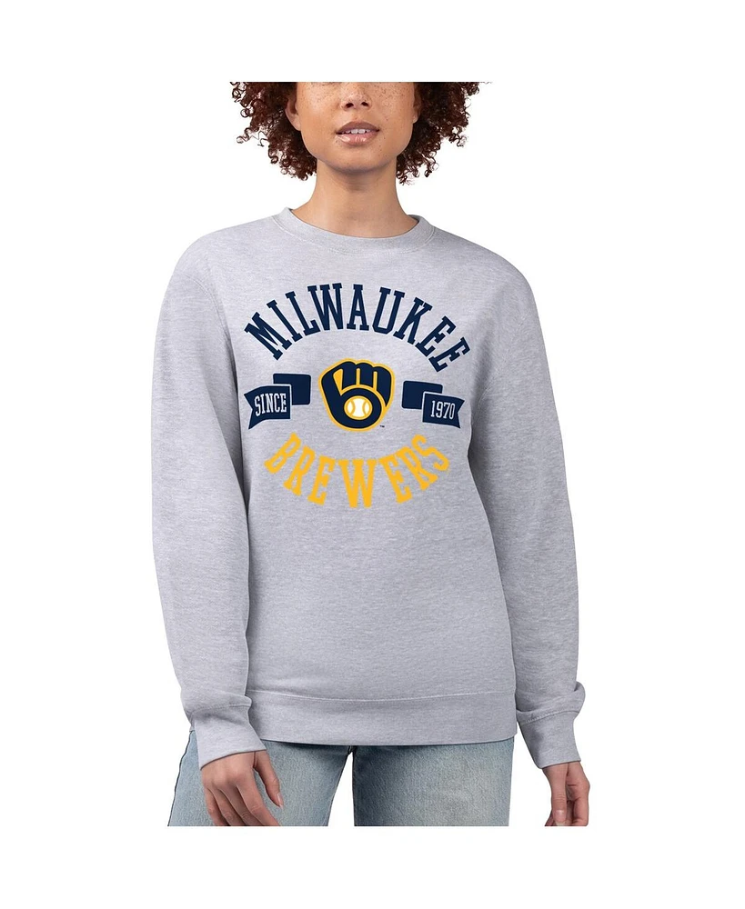 G-iii 4Her by Carl Banks Women's Heather Gray Milwaukee Brewers Team Logo Fleece Pullover Sweatshirt