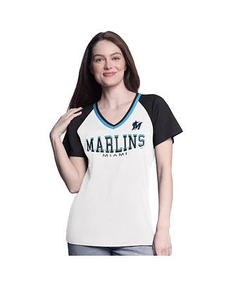 G-iii 4Her by Carl Banks Women's White/Black Miami Marlins Ball Park Raglan V-Neck T-Shirt