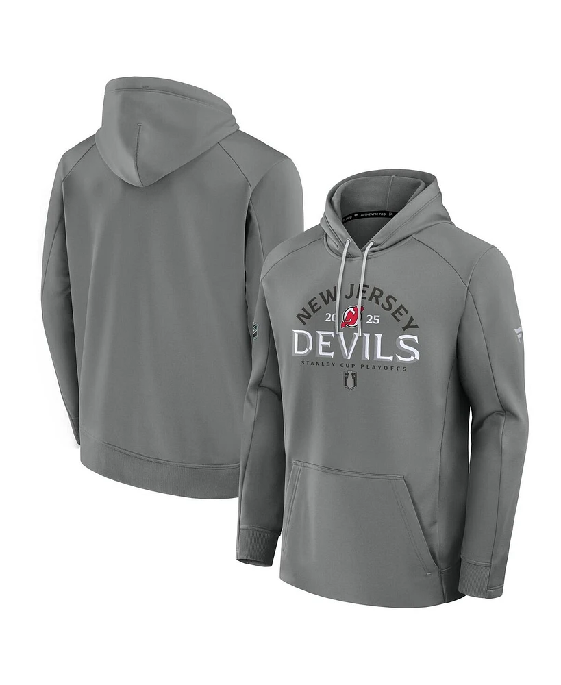 Fanatics Men's Gray New Jersey Devils 2025 Stanley Cup Playoffs Authentic Pro Rink Fly Fleece Pullover Hoodie