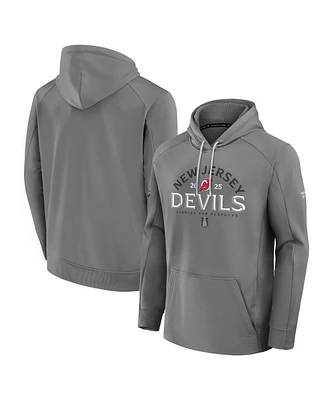 Fanatics Men's Gray New Jersey Devils 2025 Stanley Cup Playoffs Authentic Pro Rink Fly Fleece Pullover Hoodie