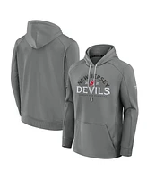 Fanatics Men's Gray New Jersey Devils 2025 Stanley Cup Playoffs Authentic Pro Rink Fly Fleece Pullover Hoodie