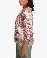 Alfred Dunner Women's Copper Canyon Textured Scroll Border Ruched Sleeves Top