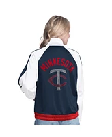 G-iii Sports by Carl Banks Women's White/Navy Minnesota Twins Rally Rhinestone Raglan Full-Zip Track Jacket