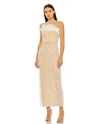 Mac Duggal Women's Floral Embellished Mesh Gown with Blouson Bodice and Fitted Skirt