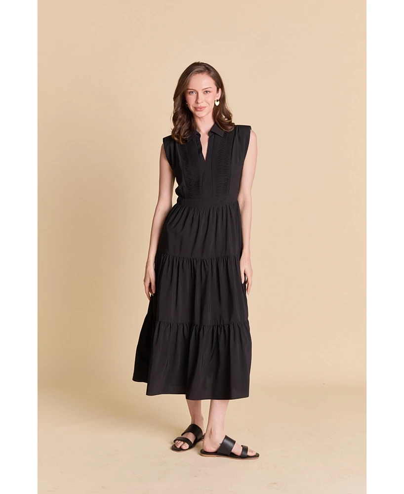 endless rose Women's Pintuck Details Sleeveless Midi Dress