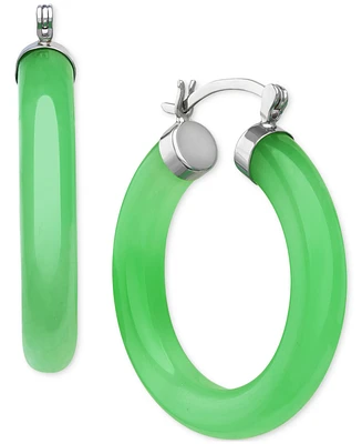 Dyed Green Jade Polished Cap Small Hoop Earrings in Sterling Silver, 1"