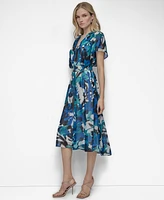 Dkny Women's V-Neck Smocked-Waist Flutter-Sleeve Midi Dress