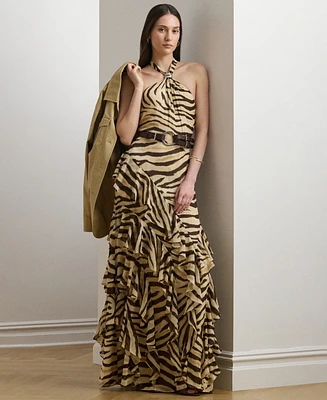 Lauren Ralph Women's Zebra-Print Ruffle-Trim Georgette Gown
