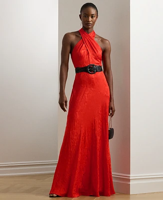 Lauren Ralph Women's Belted Floral Jacquard Halter Gown