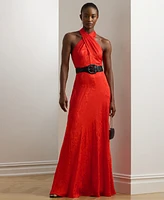 Lauren Ralph Women's Belted Floral Jacquard Halter Gown