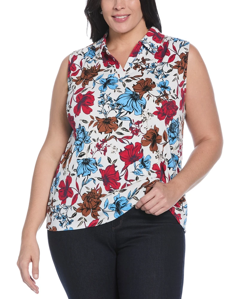Rafaella Plus Bouquet Print V-Neck Polo T-Shirt