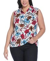 Rafaella Plus Bouquet Print V-Neck Polo T-Shirt