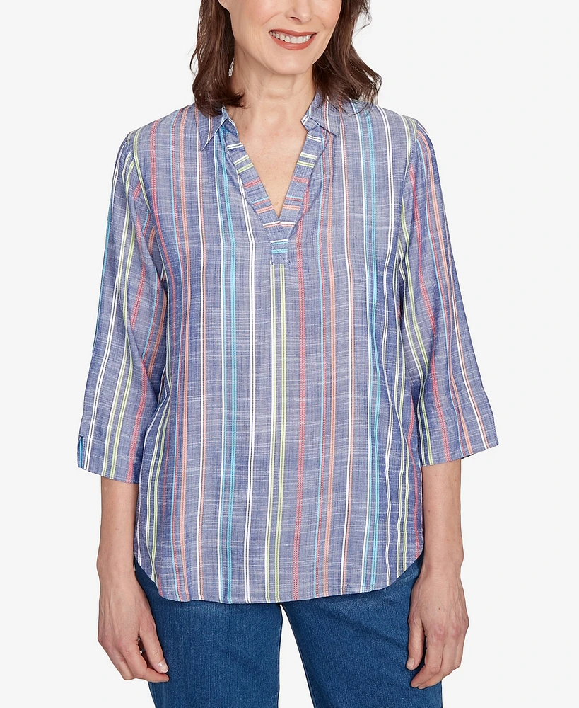 Alfred Dunner Women's El Paso Textured Multi Stripe Collared Top