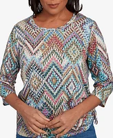 Alfred Dunner Women's El Paso Ikat Diamond Detailed Neckline Top