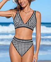 Cupshe Women's High Waisted V Neck Back Hook Textured Bikini Set