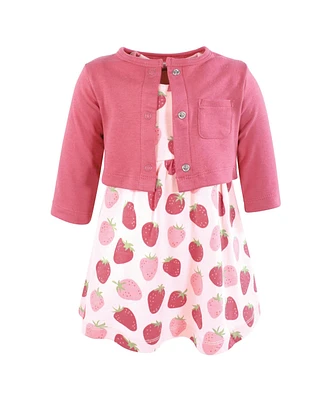 Hudson Baby Girls Cotton Dress and Cardigan Set, Strawberry Love