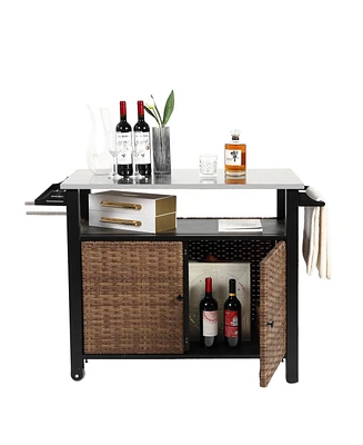 Mondawe Wicker Rolling Kitchen Cart with Stainless Top