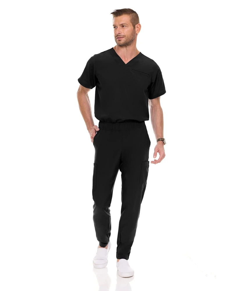 Medichic Men's Men Scrubs Set - Stretch V-Neck Scrub Top with 7-Pocket Pants Workwear Wine Large