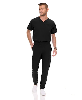 Medichic Men's Men Scrubs Set - Stretch V-Neck Scrub Top with 7-Pocket Pants Workwear Wine Large