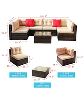 7 Piece Outdoor Sectional Sofa Set with Glass Table and Cushions