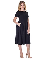 24seven Comfort Apparel Petite Midi Dress with Short Sleeves and Pocket Detail
