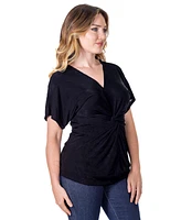 24seven Comfort Apparel Petite V-Neck Knot Front Kimono Sleeve Top