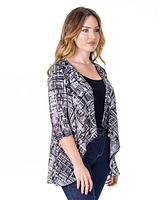 24seven Comfort Apparel Petite Black Print Elbow Length Sleeve Open Cardigan Jacket