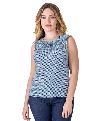 24seven Comfort Apparel Petite Blue Print Pleated Crew Neck Back Closure Sleeveless Top