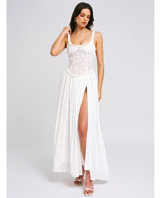 Miss Circle Women's Ulissa White Square Neck Jacquard Textured High Slit Maxi Dress