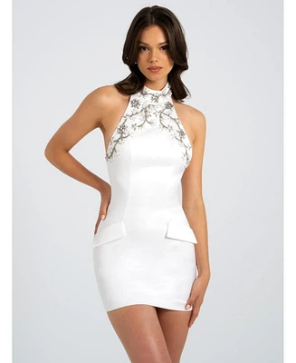 Miss Circle Women's Ori White Halter Neck Crystal Pearl Mini Dress