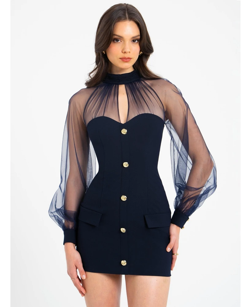 Miss Circle Women's Tabitha Navy Blue Mesh Lantern Sleeve Mini Dress
