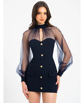 Miss Circle Women's Tabitha Navy Blue Mesh Lantern Sleeve Mini Dress