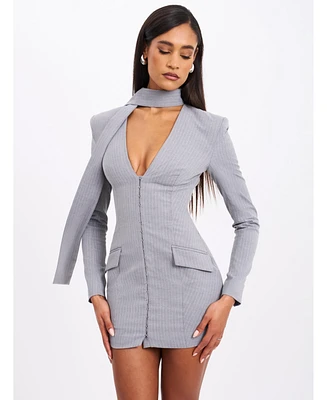 Miss Circle Women's Tahlia Deep V Pinstripes Gray Blazer Dress with scarf collar