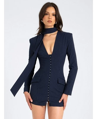 Miss Circle Women's Tahlia Deep V Pinstripes Navy Blue Blazer Dress with scarf collar