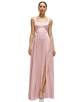 After Six Women's Shaped Strap Portrait Neckline Fluid Satin Maxi Dress with Full Skirt