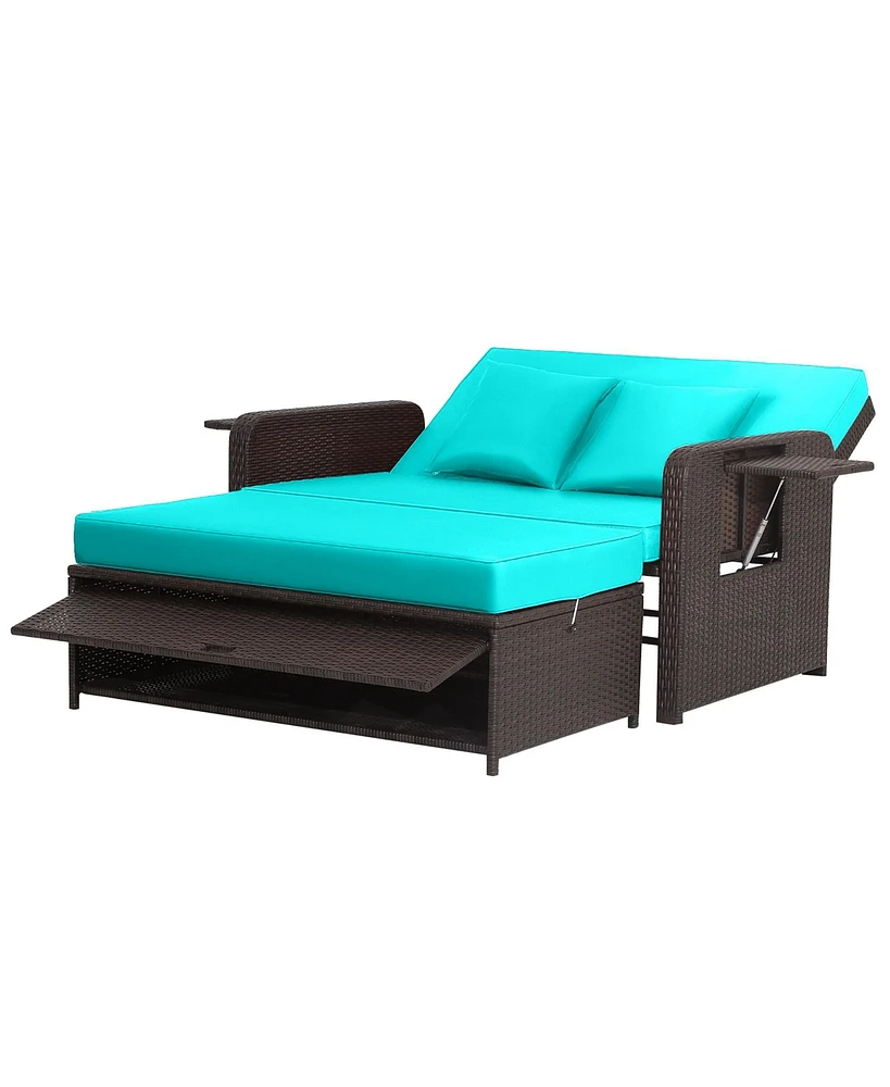 Gymax Rattan Loveseat Set Daybed Lounge w/ Storage Ottoman Side Tables Adjust Patio