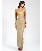 Miss Circle Women's Lainey Gold Satin Sequin Pearls Beaded Maxi Dress