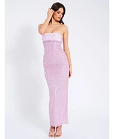 Miss Circle Women's Lainey Purple Satin Sequin Pearls Beaded Maxi Dress