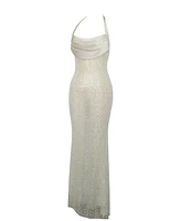 Miss Circle Women's Zahya Lime Halter Backless Beaded Mesh Gown