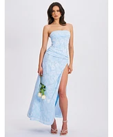 Miss Circle Women's Xatia Baby Blue Jacquard Textured High Slit Maxi Dress