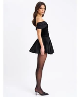 Miss Circle Women's Echo Black Velvet Off-shoulder Pleated Mini Dress