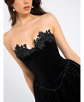 Miss Circle Women's Nora Black Velvet Drop Waist Corset Puffy Mini Dress with Lace Trim