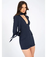 Miss Circle Women's Tahlia Deep V Pinstripes Navy Blue Blazer Dress with scarf collar
