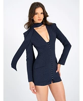 Miss Circle Women's Tahlia Deep V Pinstripes Navy Blue Blazer Dress with scarf collar