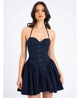 Miss Circle Women's Melody Navy Blue Pinstripe Halter Drop Waist Mini Dress