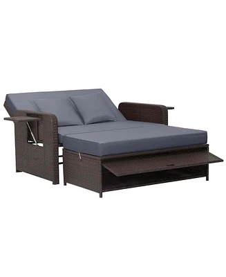Gymax Rattan Loveseat Set Daybed Lounge w/ Storage Ottoman Side Tables Adjust Patio